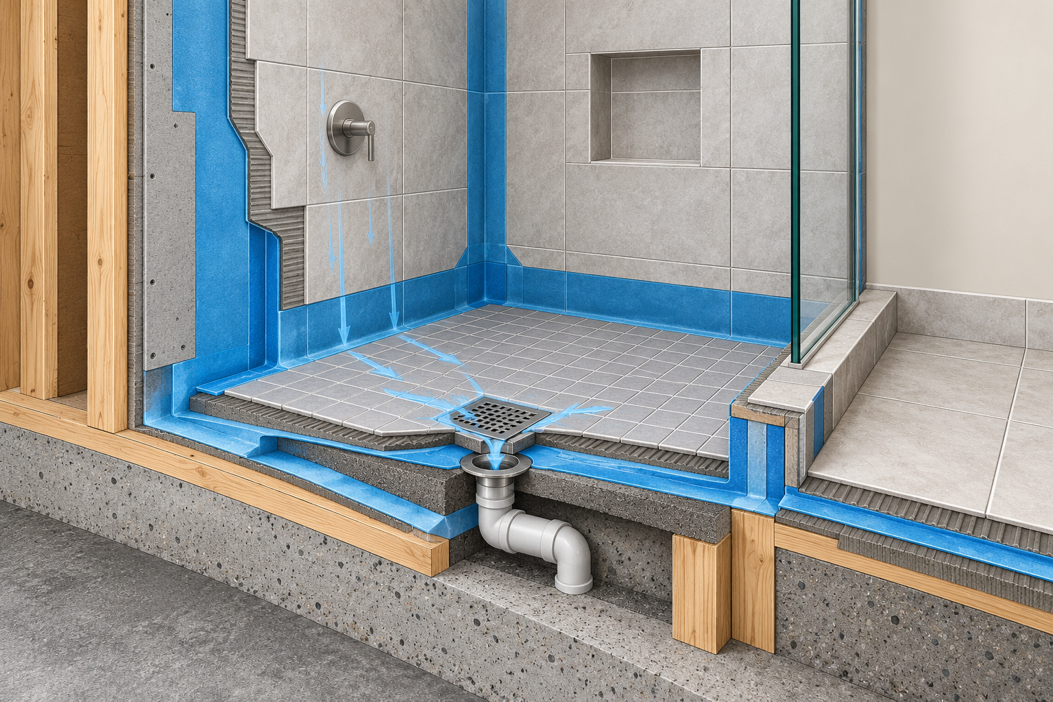 Cutaway diagram of shower tile, substrate, waterproofing, seams, penetrations, pan, drain, and floor transition as one assembly.