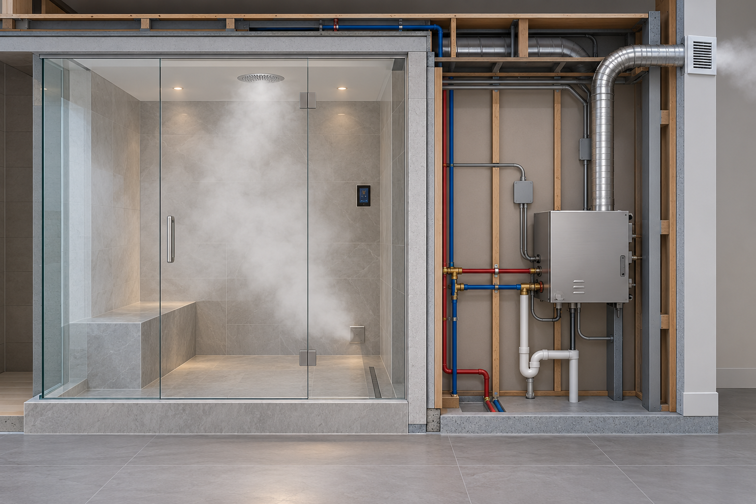 Steam-shower components, including the enclosed room, generator, controls, utilities, and an exterior duct apparently connected to the generator.