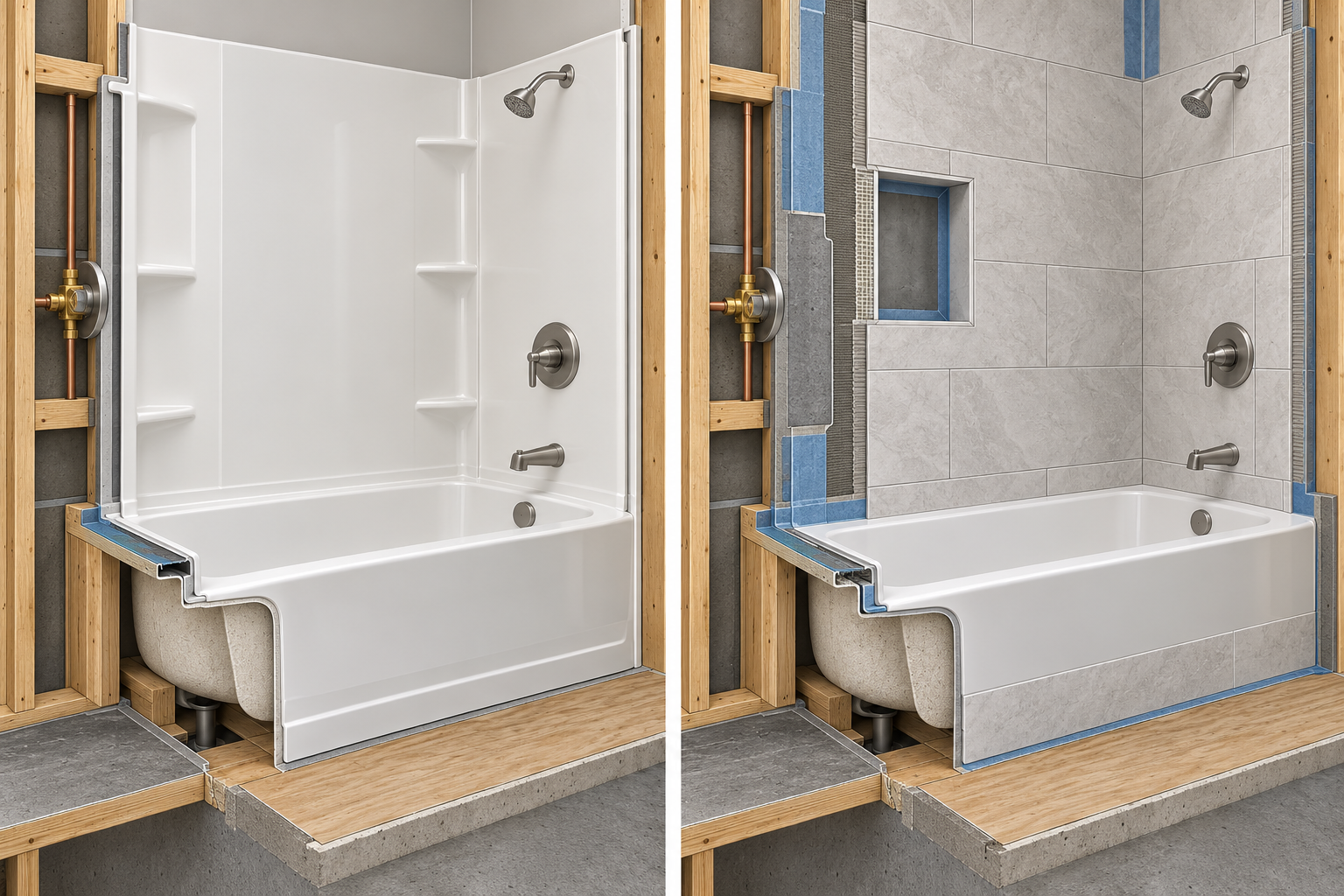 Comparison of panel and tile tub surrounds with their shared substrate, waterproofing, and tub-flange interfaces.