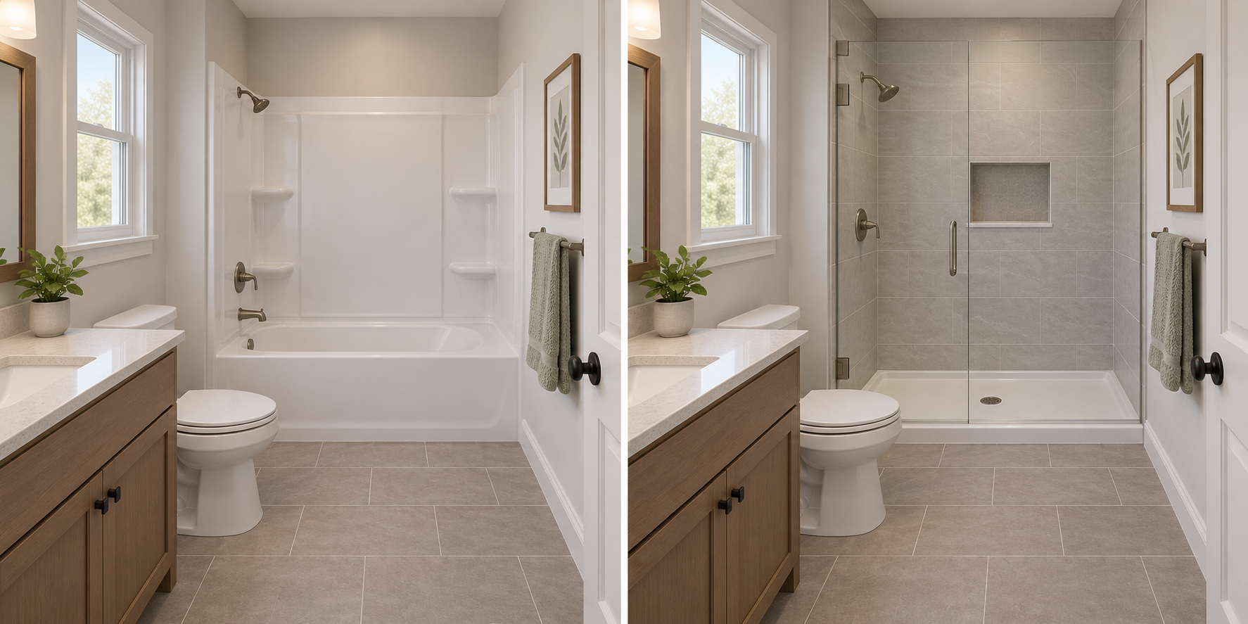 Before-and-after view of a bathtub replaced by a shower within the same bathroom bay.