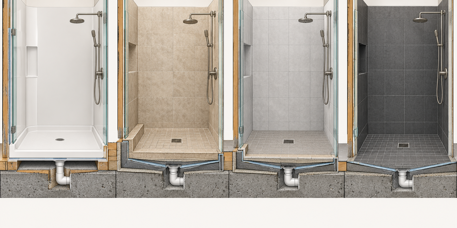 Section comparison of prefabricated, curbed, low-threshold, and curbless walk-in shower entries.