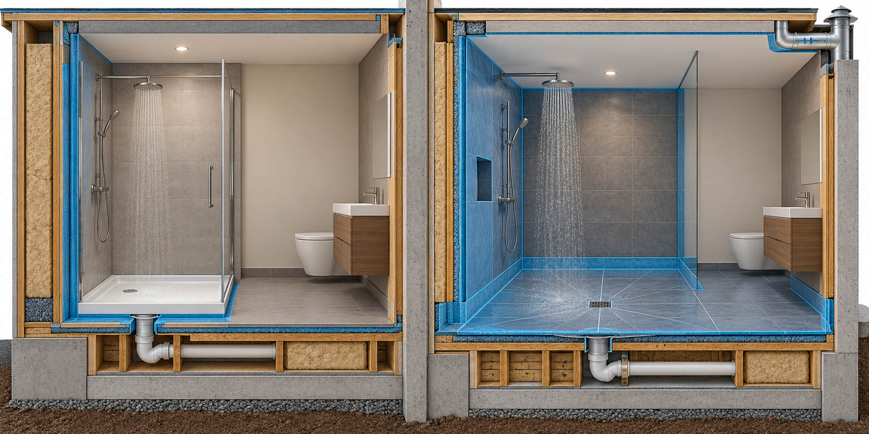 Section comparison of a contained shower and a wet room with a broader waterproofing and drainage boundary.