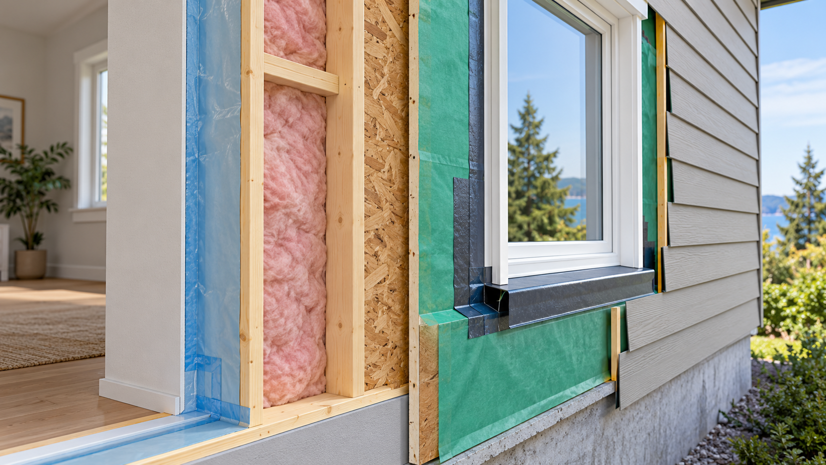 A conceptual wall cutaway shows distinct interior air-control and exterior weather-resistive layers meeting at a window.