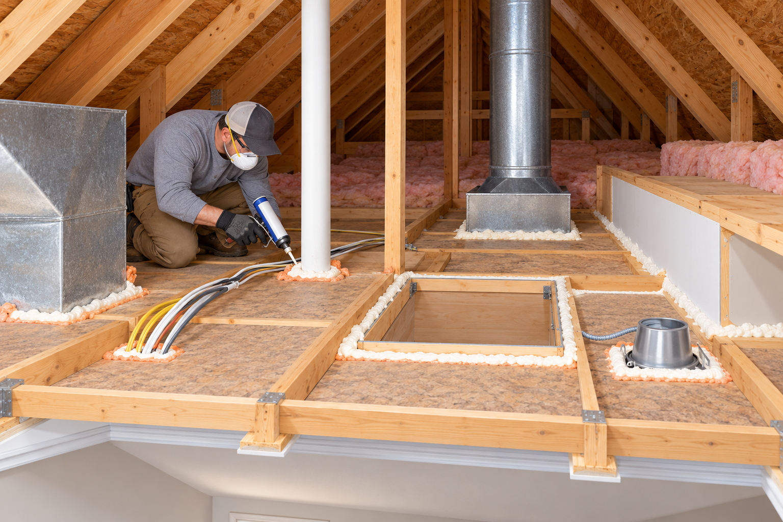 A contractor seals attic-floor penetrations and the hatch before insulation is restored, keeping clear of flue and fixture zones.