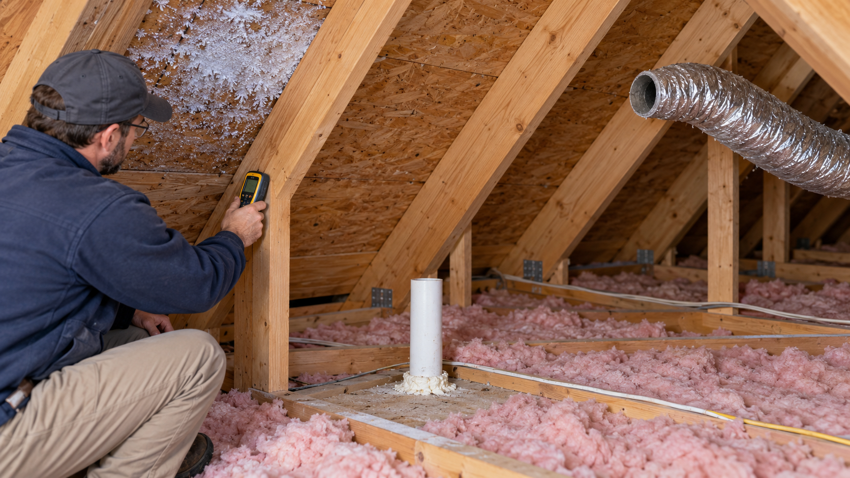 An attic assessor checks a roof-sheathing moisture clue near a ceiling penetration and disconnected exhaust duct; the clues need separate diagnosis.