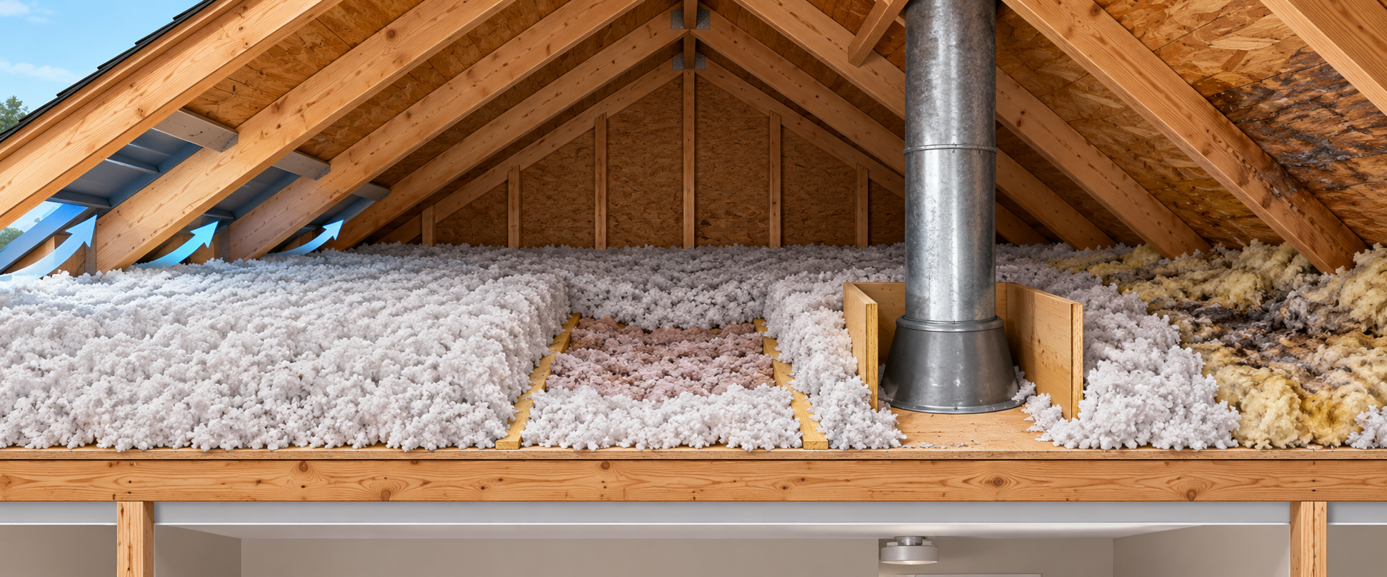 Attic insulation coverage varies by location and condition, so a top-up decision follows inspection of the existing layer and clearances.