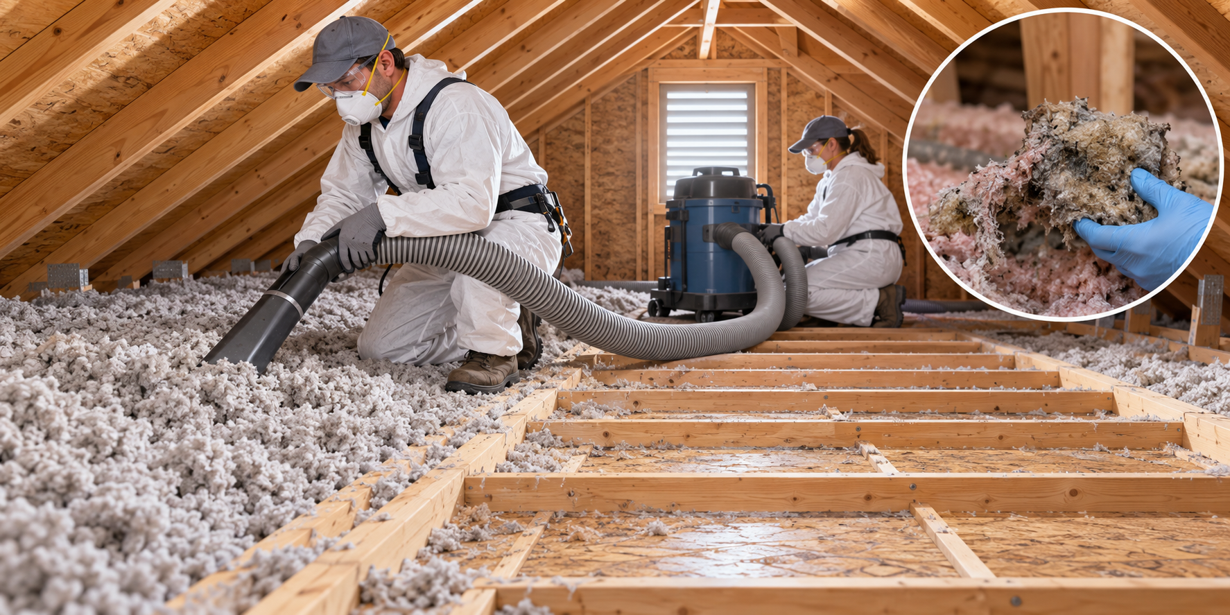 A professional crew vacuums ordinary attic insulation to expose the floor for inspection before replacement work.