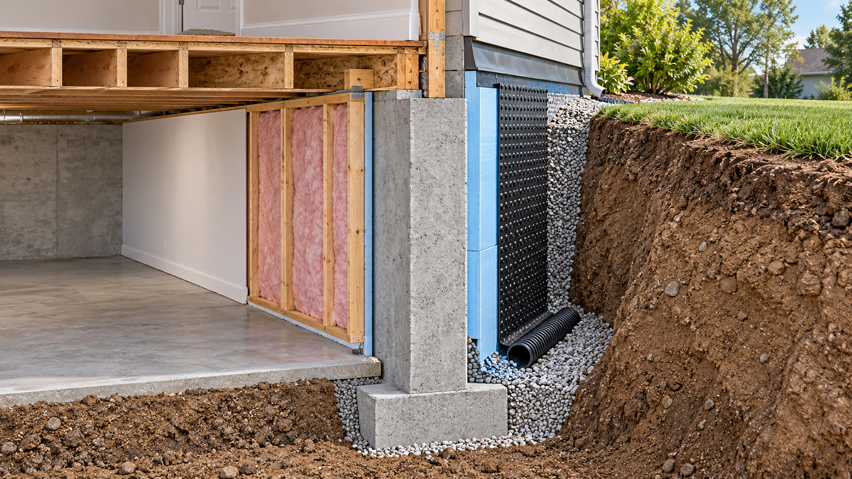 A cutaway compares interior basement-wall insulation and finish framing with exterior insulation, drainage protection, and excavation access.