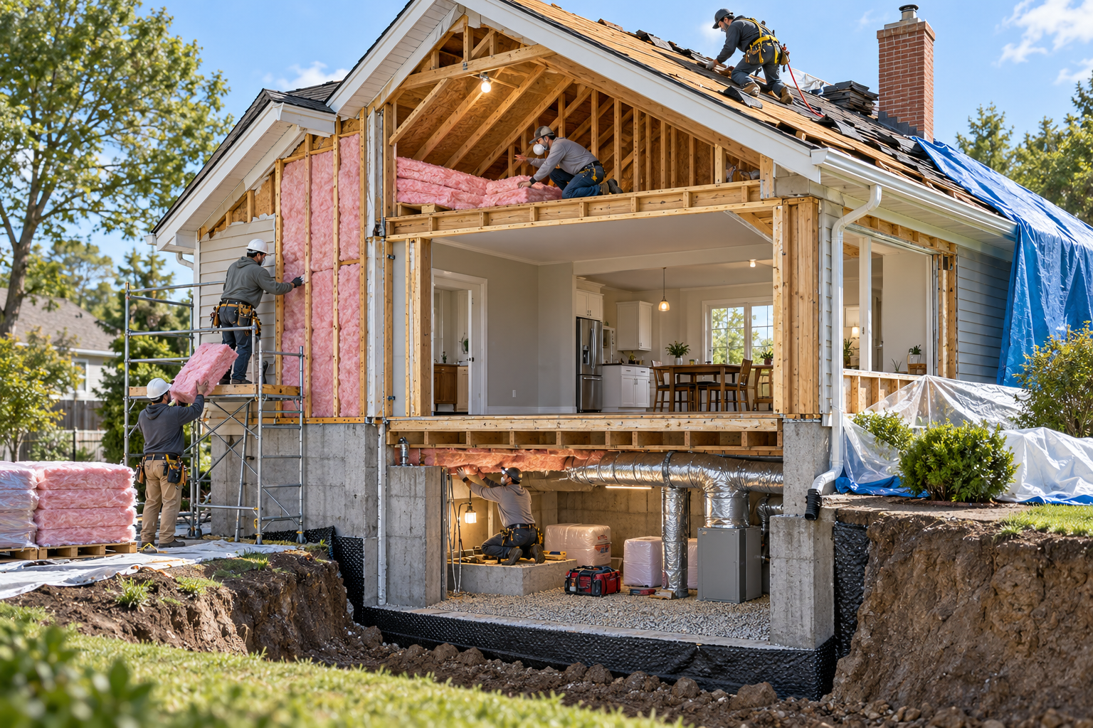Workers add insulation while siding, roofing, and basement assemblies are open during a coordinated renovation