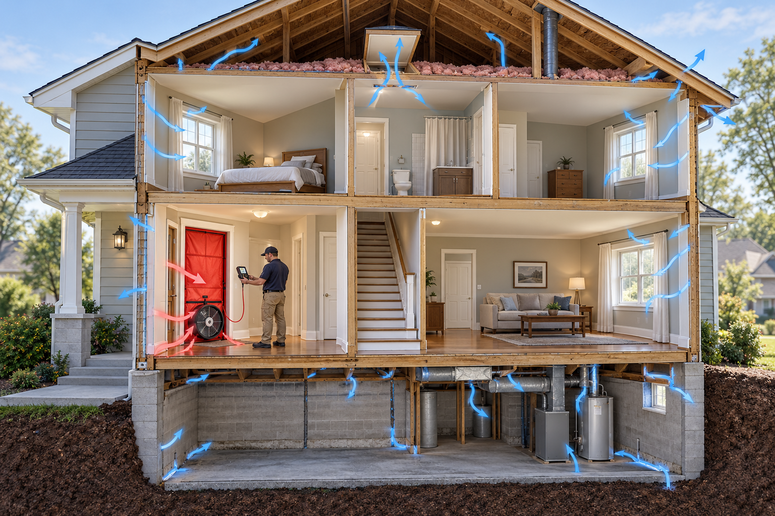 A blower-door fan pressurizes a house while arrows show air paths through the enclosure; the measurement describes whole-house leakage.