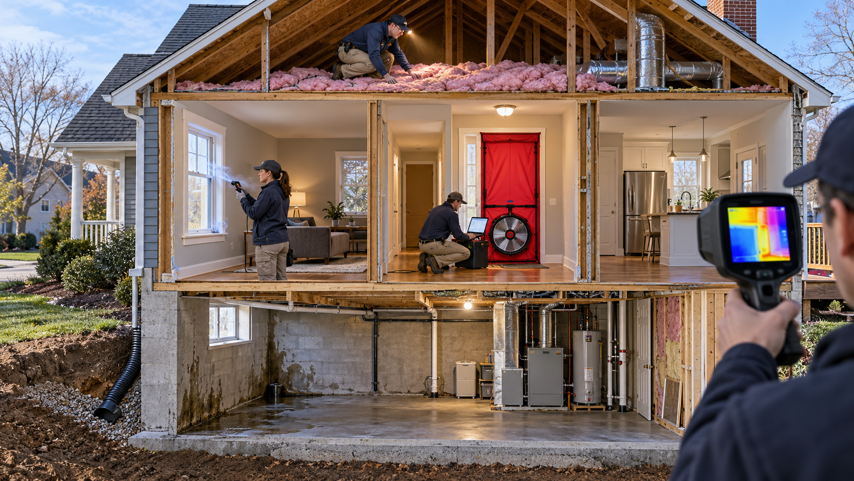 A home energy assessor checks attic insulation and wall leakage, performs a blower-door test, and uses thermal imaging as one diagnostic clue.