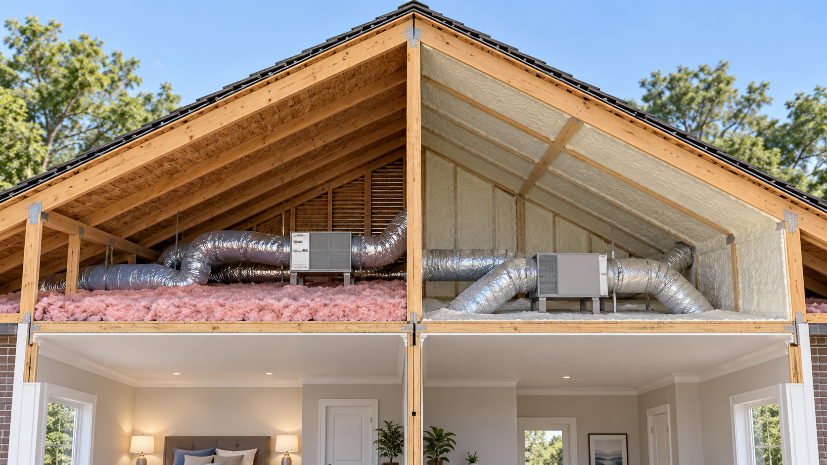 A cutaway compares attic insulation at the floor in a vented attic with roof-deck insulation enclosing ducts in a conditioned attic.
