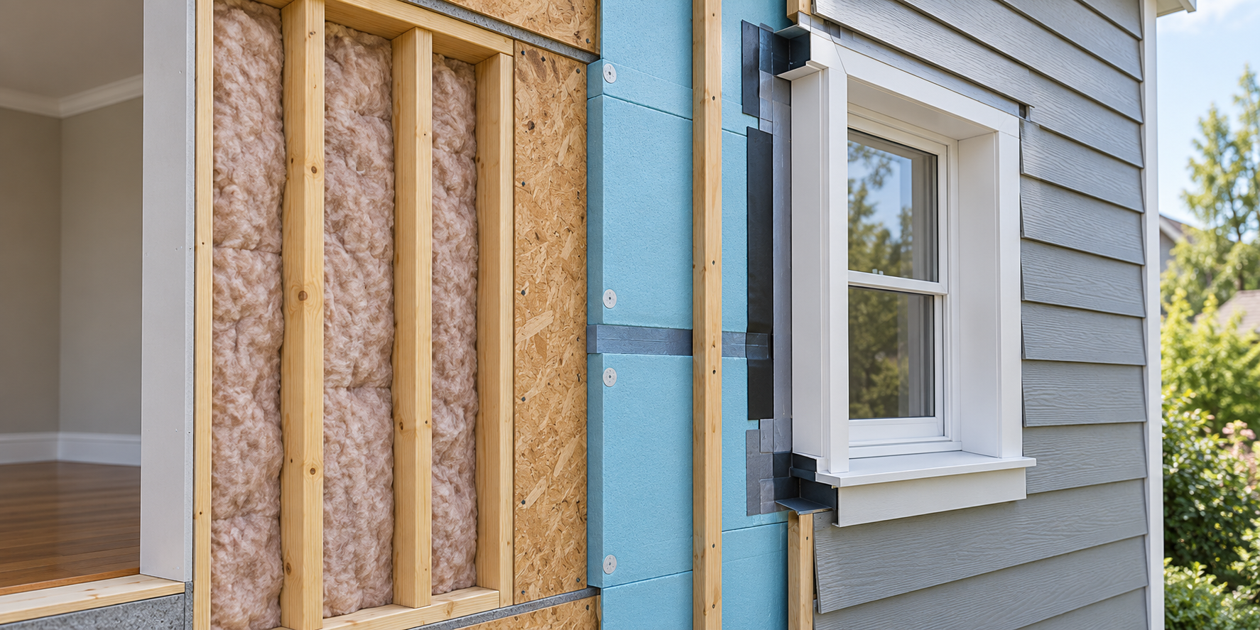 A wall cutaway shows continuous exterior insulation beneath new siding and the extended window trim and flashing that account for added wall thickness.