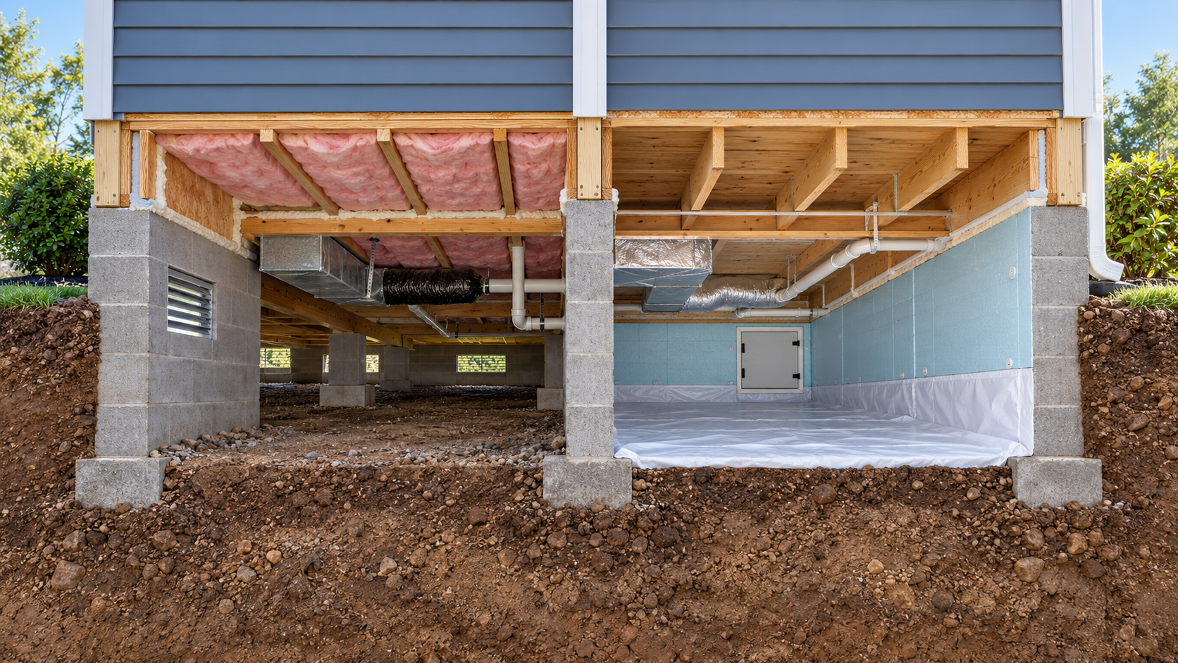 A cutaway compares insulation at the floor above a vented crawl space with insulation along the foundation walls and ground cover in a managed crawl space.