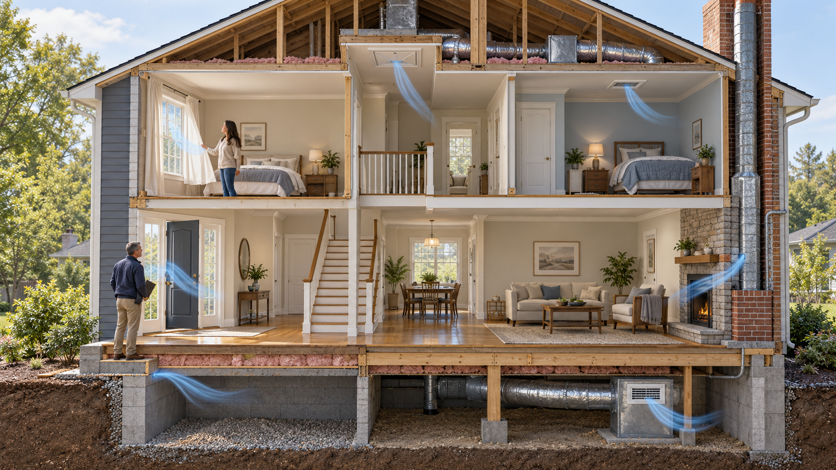 A house cutaway highlights several separate places where a draft may originate, including an opening, attic hatch, rim area, fireplace, and duct.