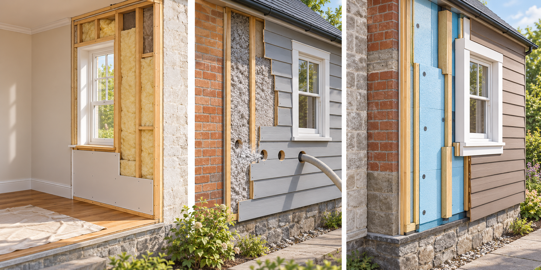 Three wall-retrofit paths show interior access, closed-cavity filling, and exterior insulation under new cladding; masonry is distinct from framed cavities.