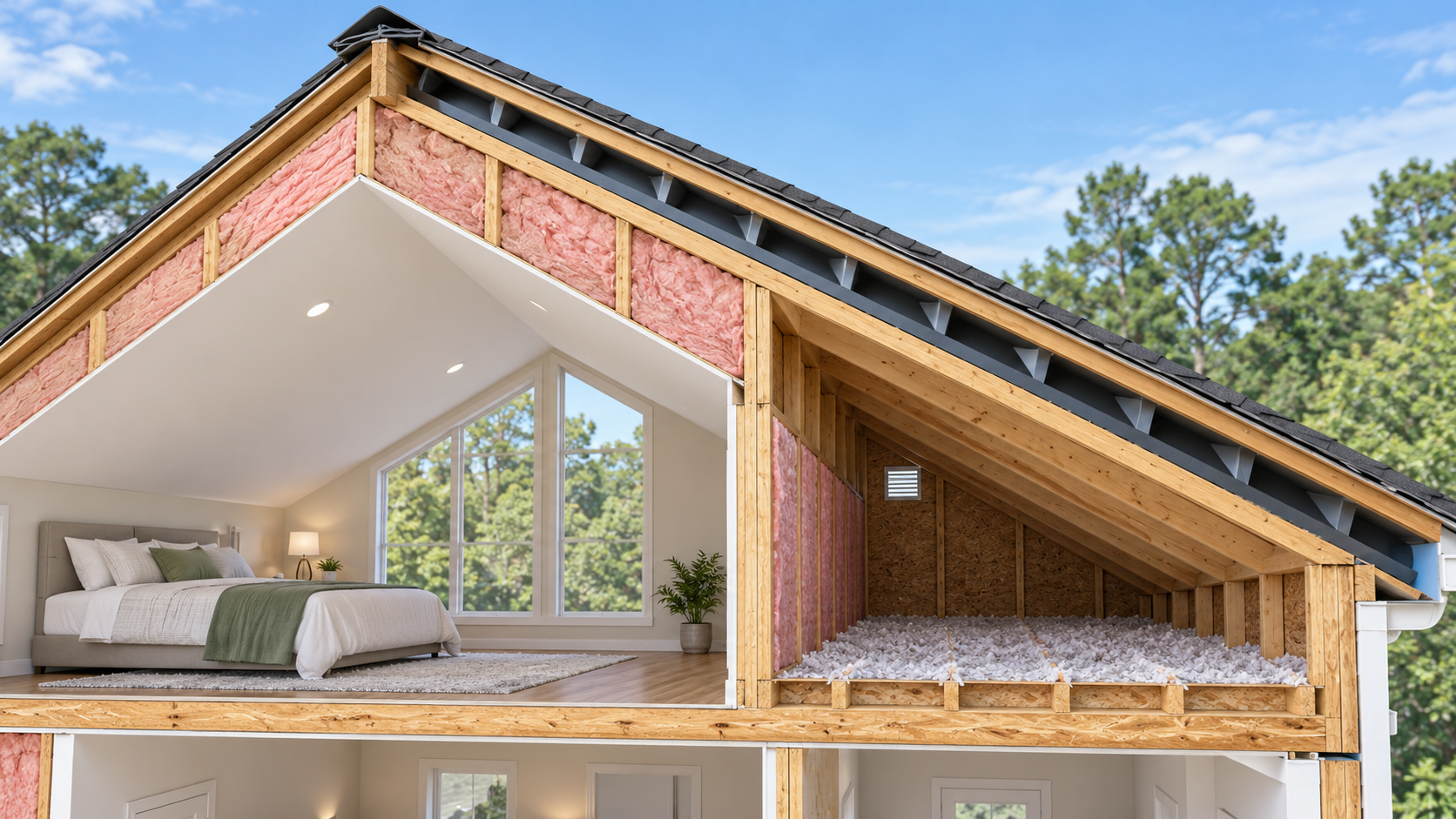 A roof cutaway shows insulation in a finished cathedral ceiling and adjacent kneewall, with the sloped roof ventilation space visible.