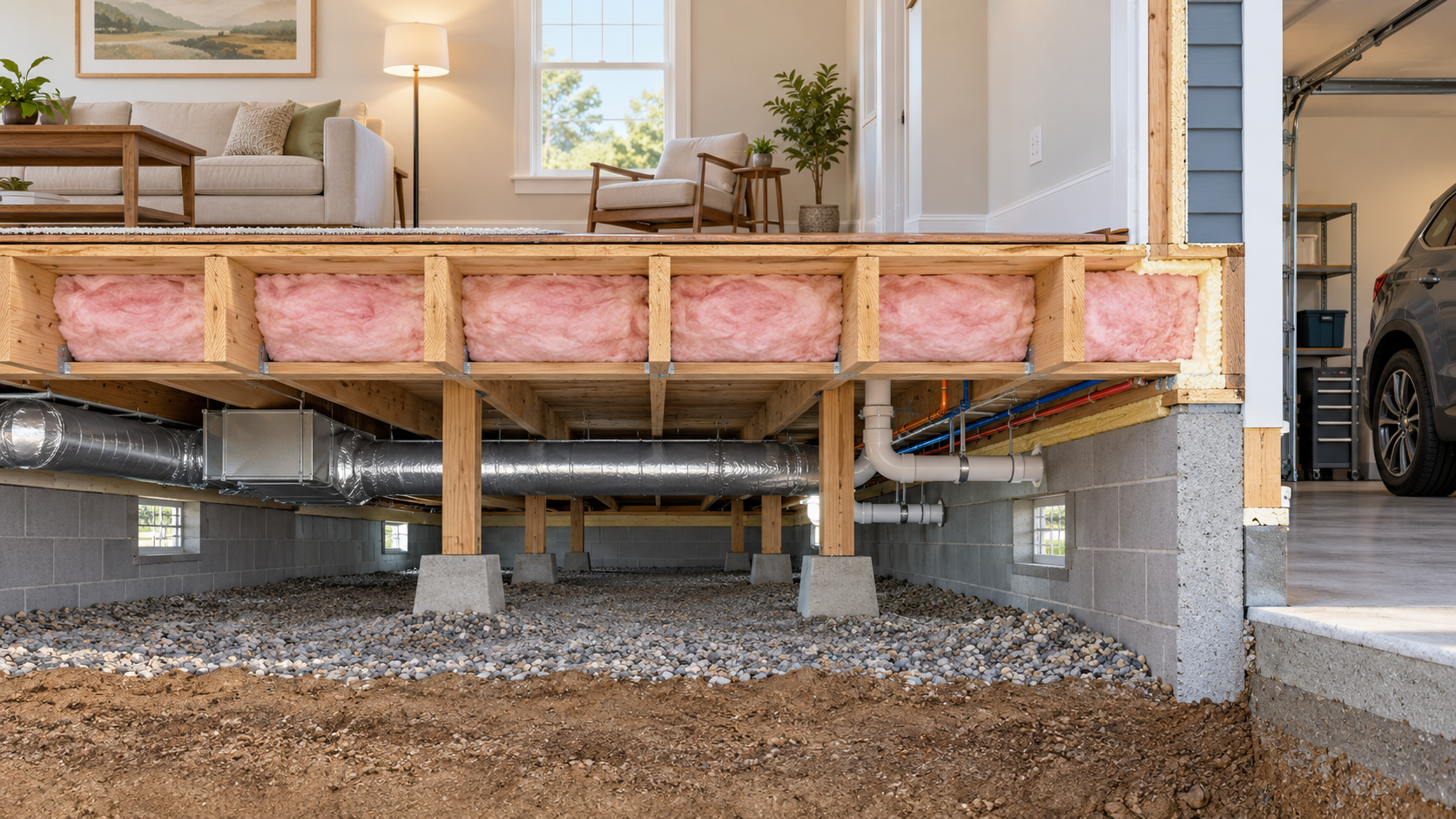 A cutaway shows supported insulation between floor joists over a crawl space, with ducts and pipes left visible for service.