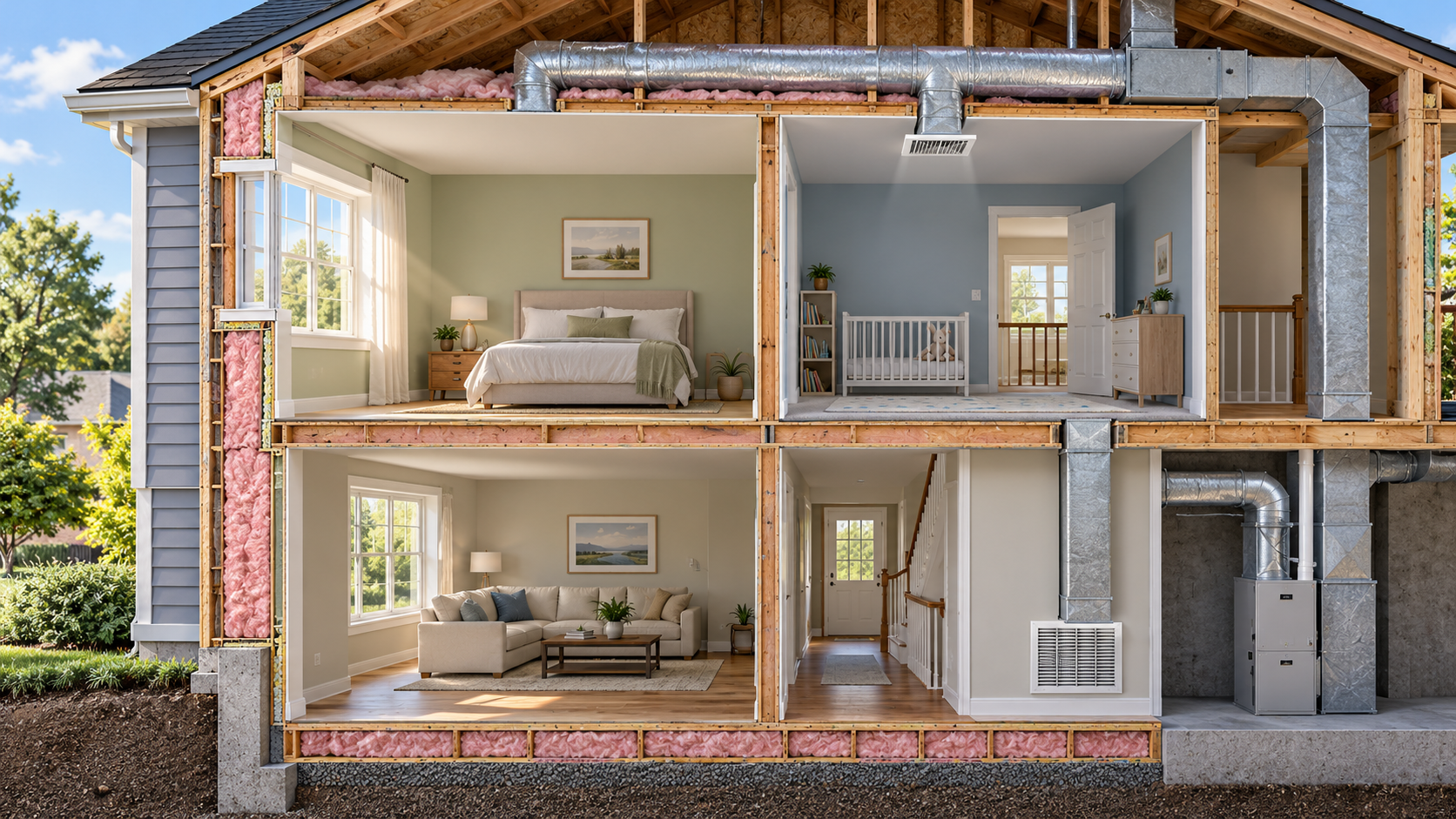 A house cutaway shows room exposure at the exterior wall alongside the home&rsquo;s duct and register system.