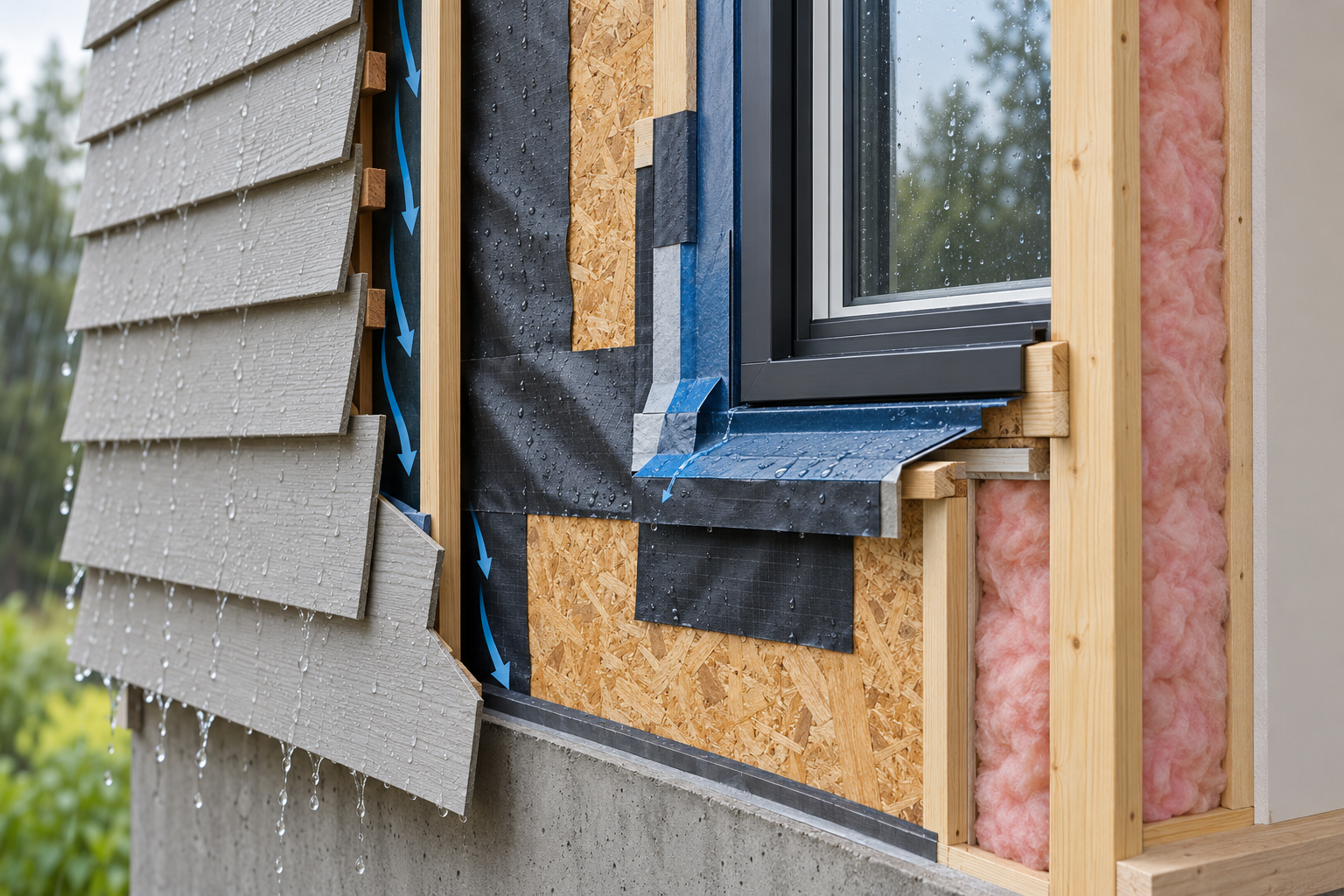 A cutaway of siding, a drainage space, weather-resistive barrier, sheathing, insulated framing, and window flashing directing water outward