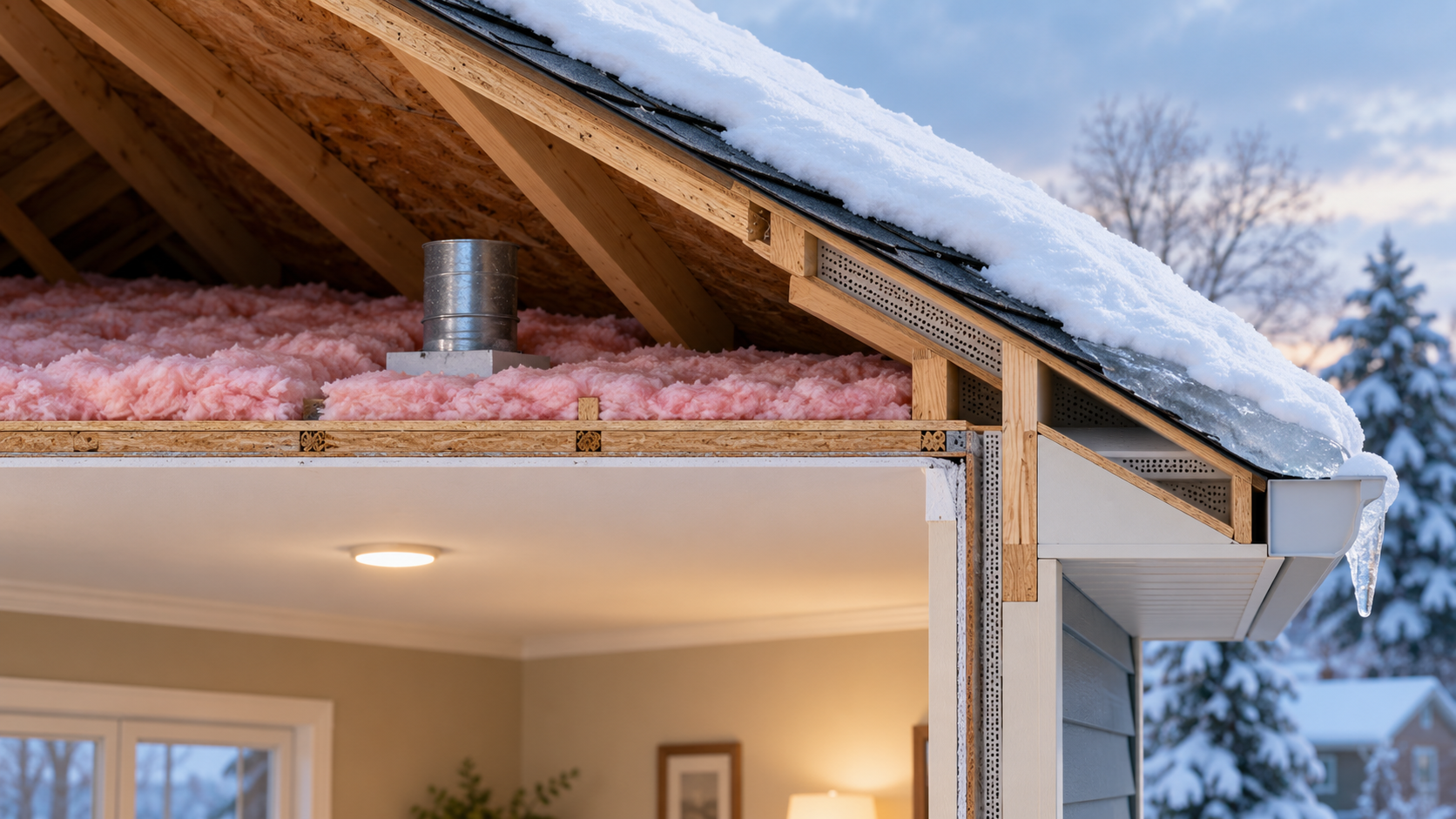 A winter roof-edge cutaway shows snow and localized ice at the eave above an insulated attic and ventilation path.