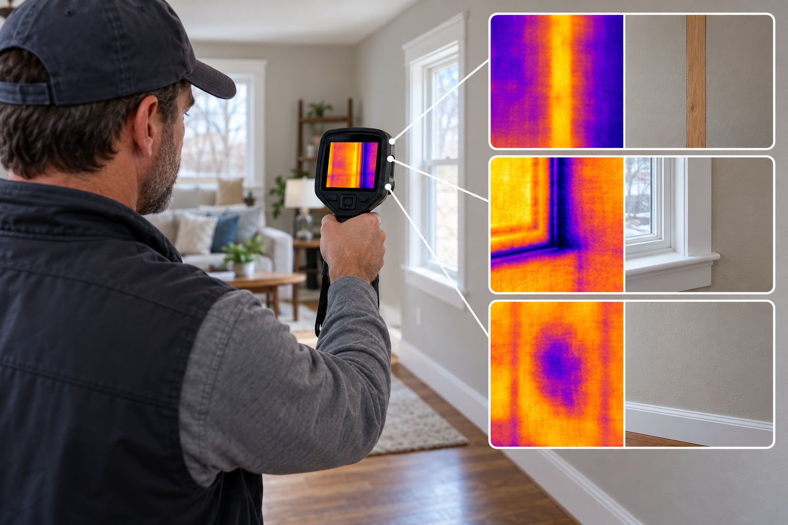 An inspector uses a thermal camera to examine temperature patterns at a wall and window; the images need interpretation.