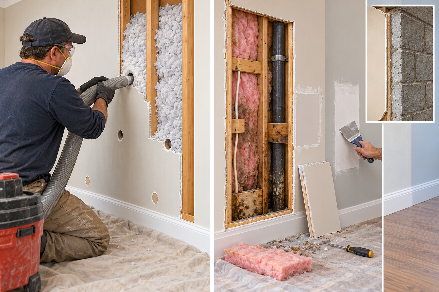 A contractor fills a suitable framed cavity through small access holes while an opened wall section illustrates verification and patching.