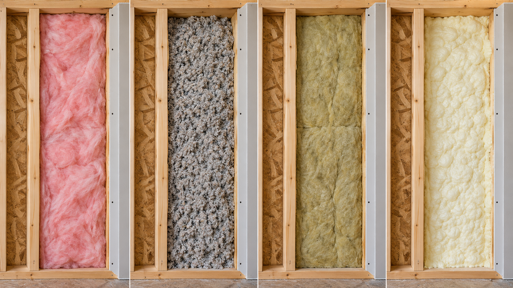 Four wall-cavity cutaways show fiberglass batt, blown cellulose, mineral wool batt, and spray foam.