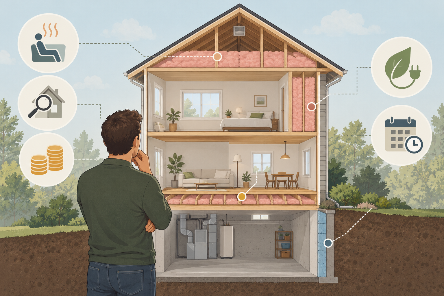 A homeowner considers a house cutaway with attic, wall, and floor insulation alongside comfort, inspection, cost, energy, and timing cues