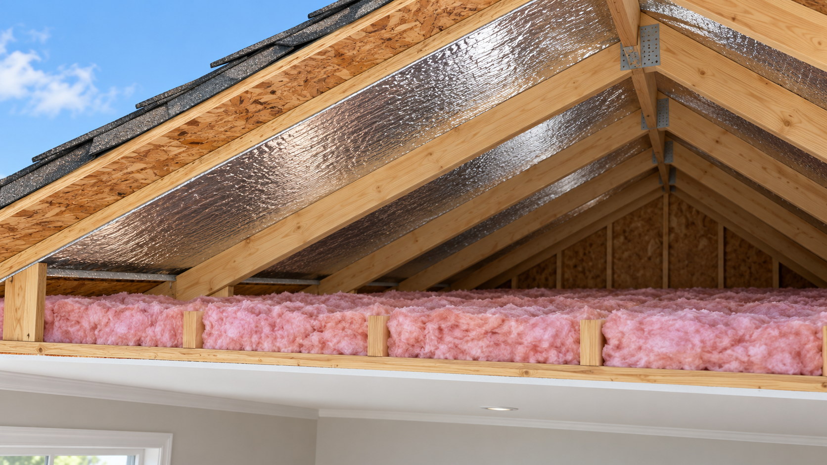 An attic cutaway shows a reflective radiant barrier facing an air space above conventional insulation at the attic floor.