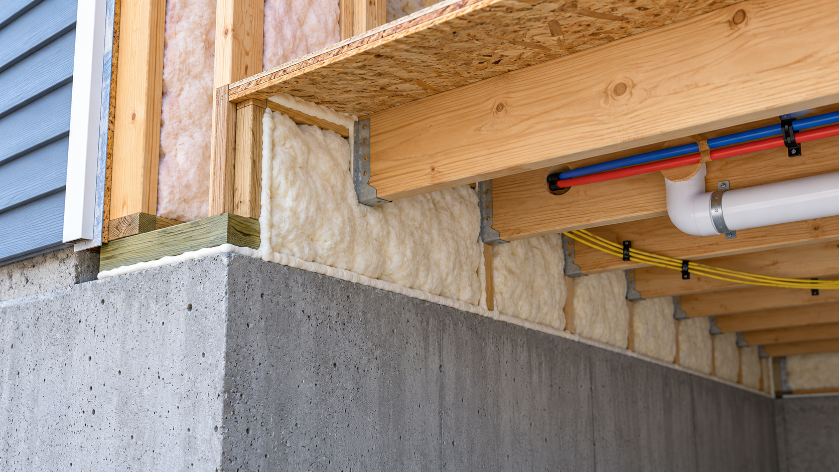 A foundation cutaway shows insulated rim-joist bays, a sealed perimeter, and nearby plumbing and wiring kept visible.
