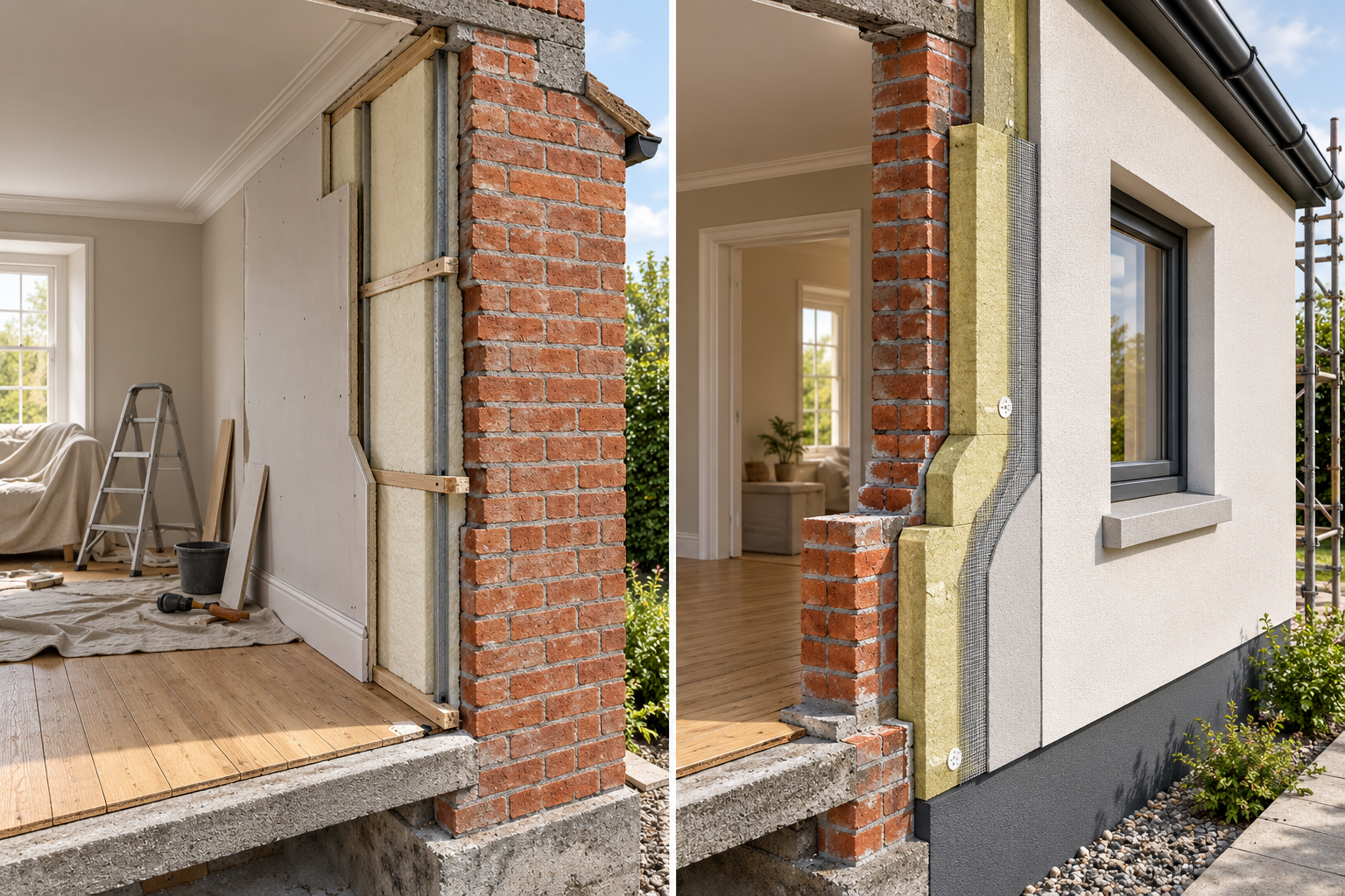 Solid masonry retrofit comparison shows interior insulation affecting room finishes and exterior insulation changing cladding and window transitions.