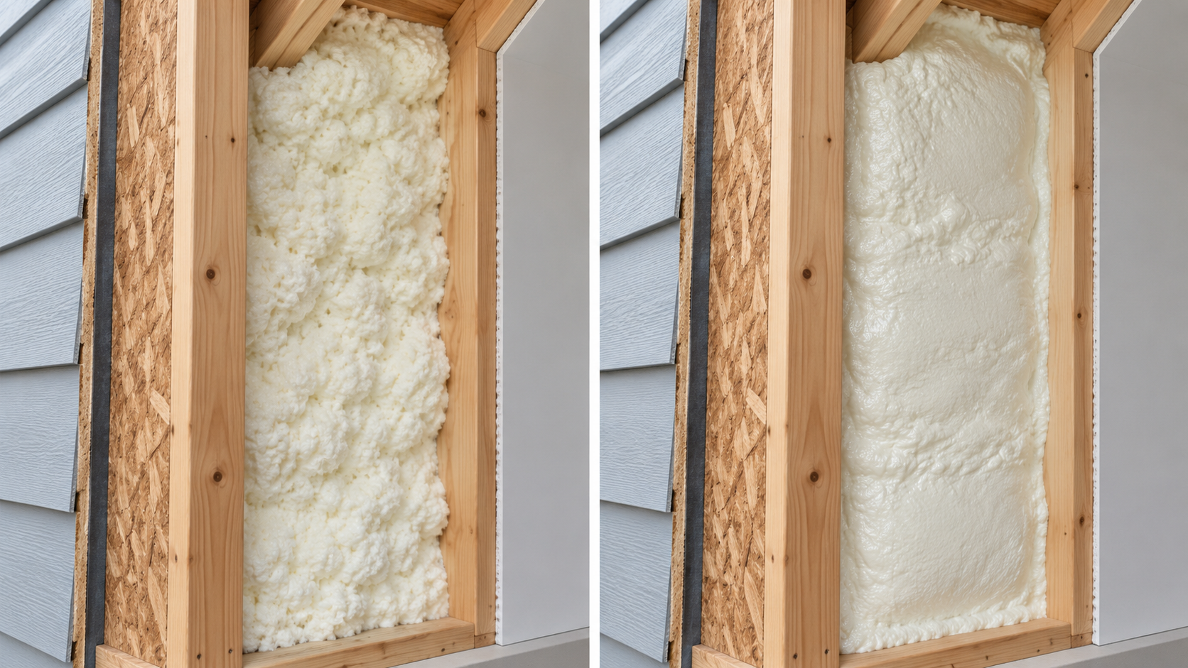Side-by-side wall cavities show visually different open-cell and closed-cell spray foam installations.
