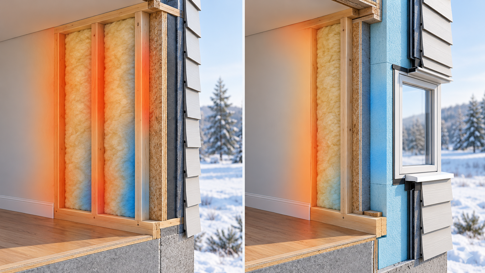 A wall cutaway compares framing bridges in a cavity-insulated wall with a continuous exterior insulation layer around a window.