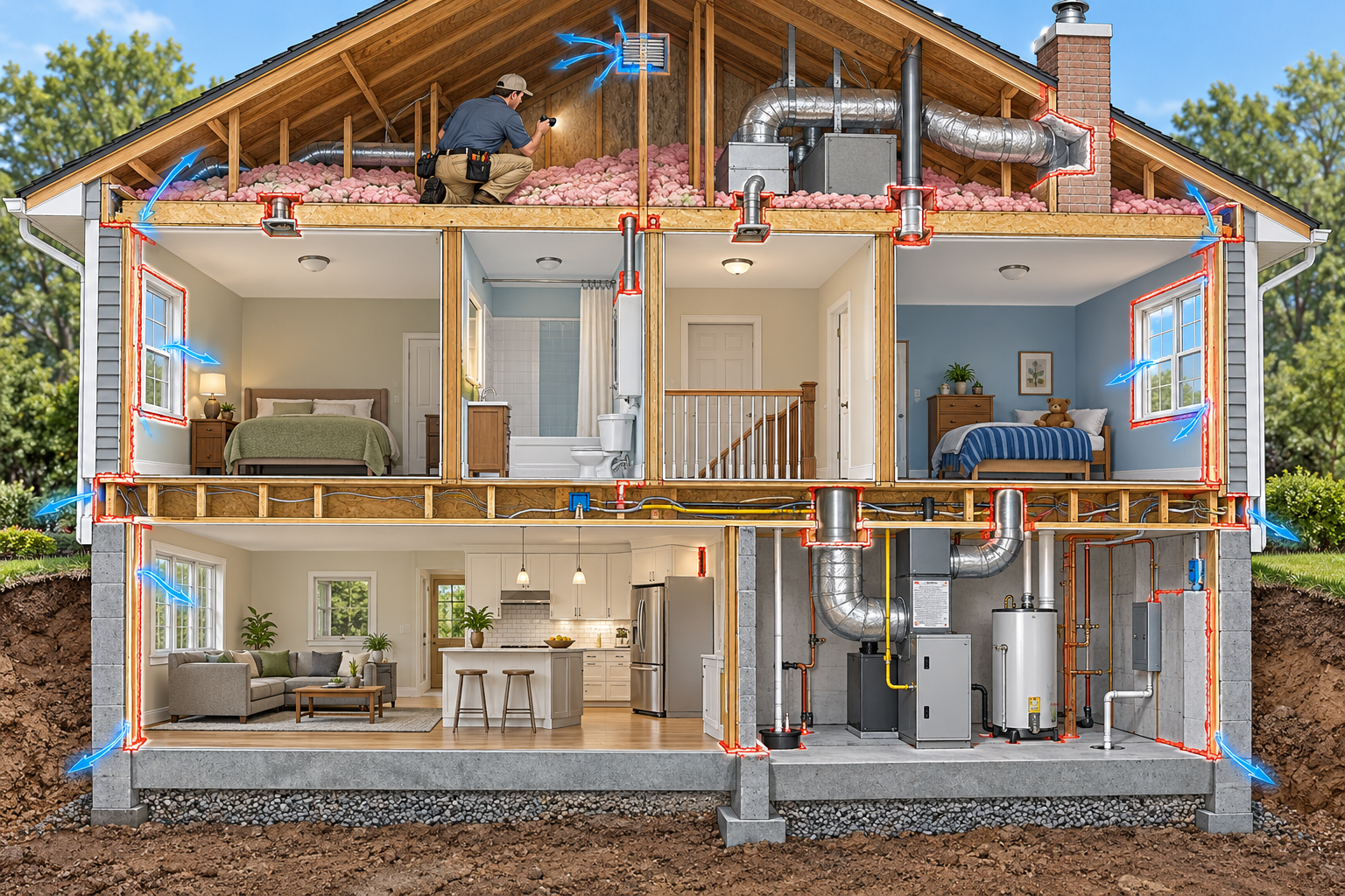 A house cutaway maps air leakage around attic transitions, windows, service penetrations, and the basement boundary.