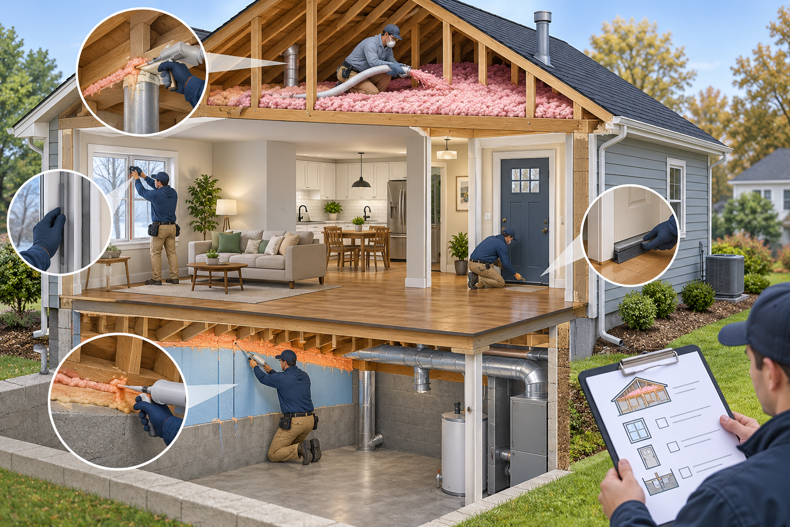 A coordinated weatherization package combines attic insulation, air sealing, and selected draft-control measures with a defined assessment scope.