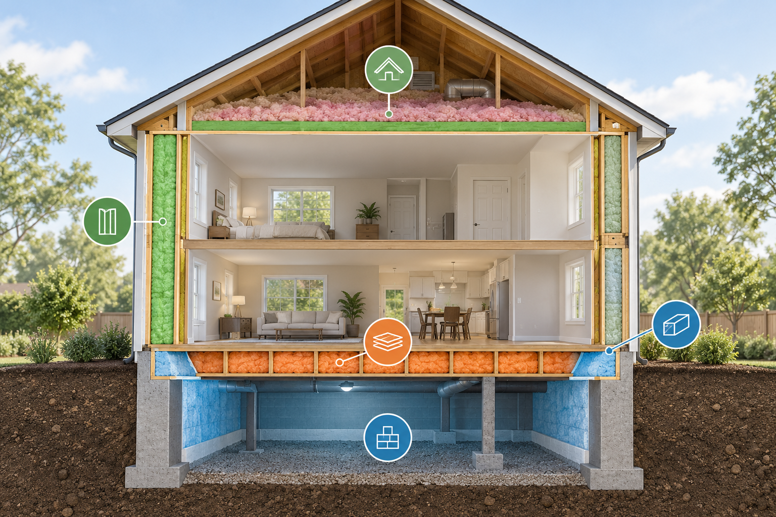 A house cutaway showing separate attic, wall, floor, rim, and basement insulation zones