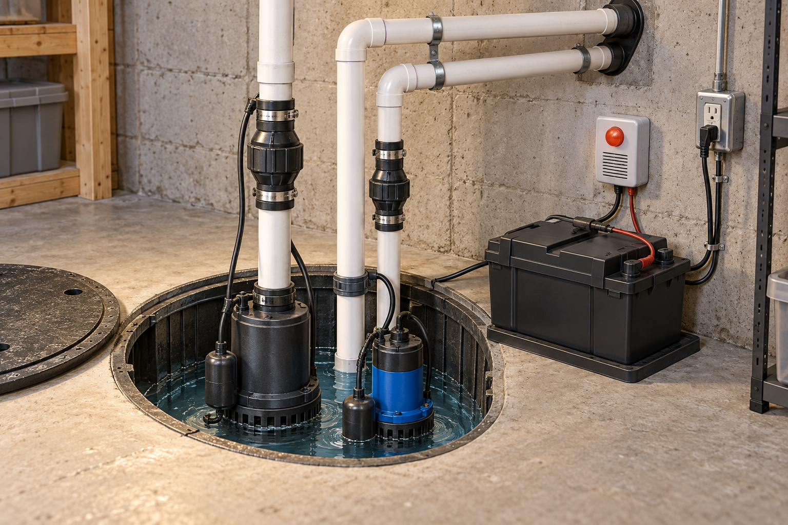 A sump pit with primary and backup pumps, a battery unit, and a high-water alarm