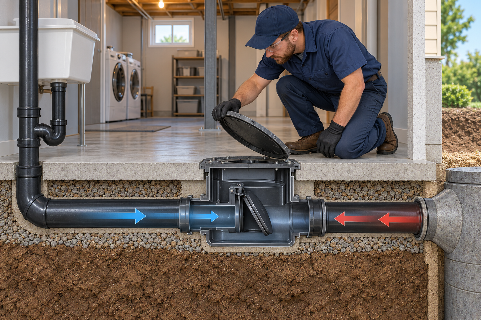 A plumber checks an accessible backwater valve chamber on a home sewer line
