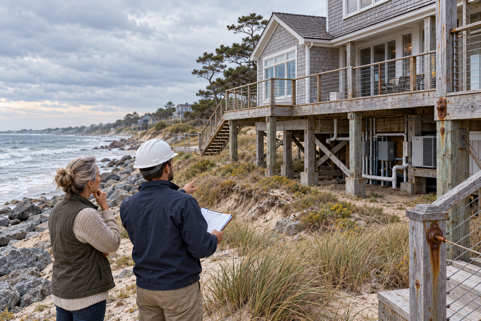 A homeowner and engineer assess an elevated coastal house, shoreline, and exposed utilities