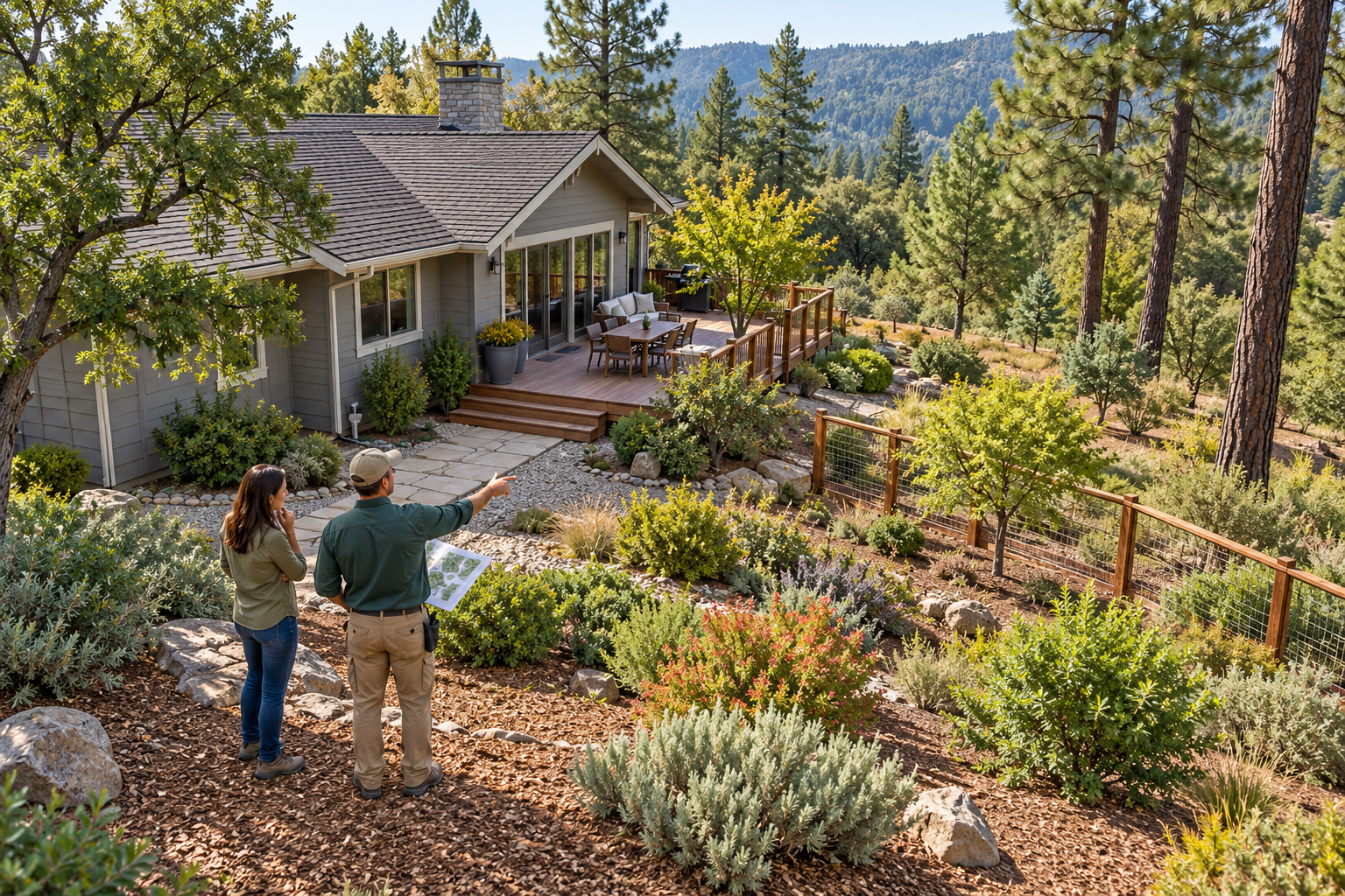 A homeowner and landscape professional plan selective vegetation and combustible-material work around a house