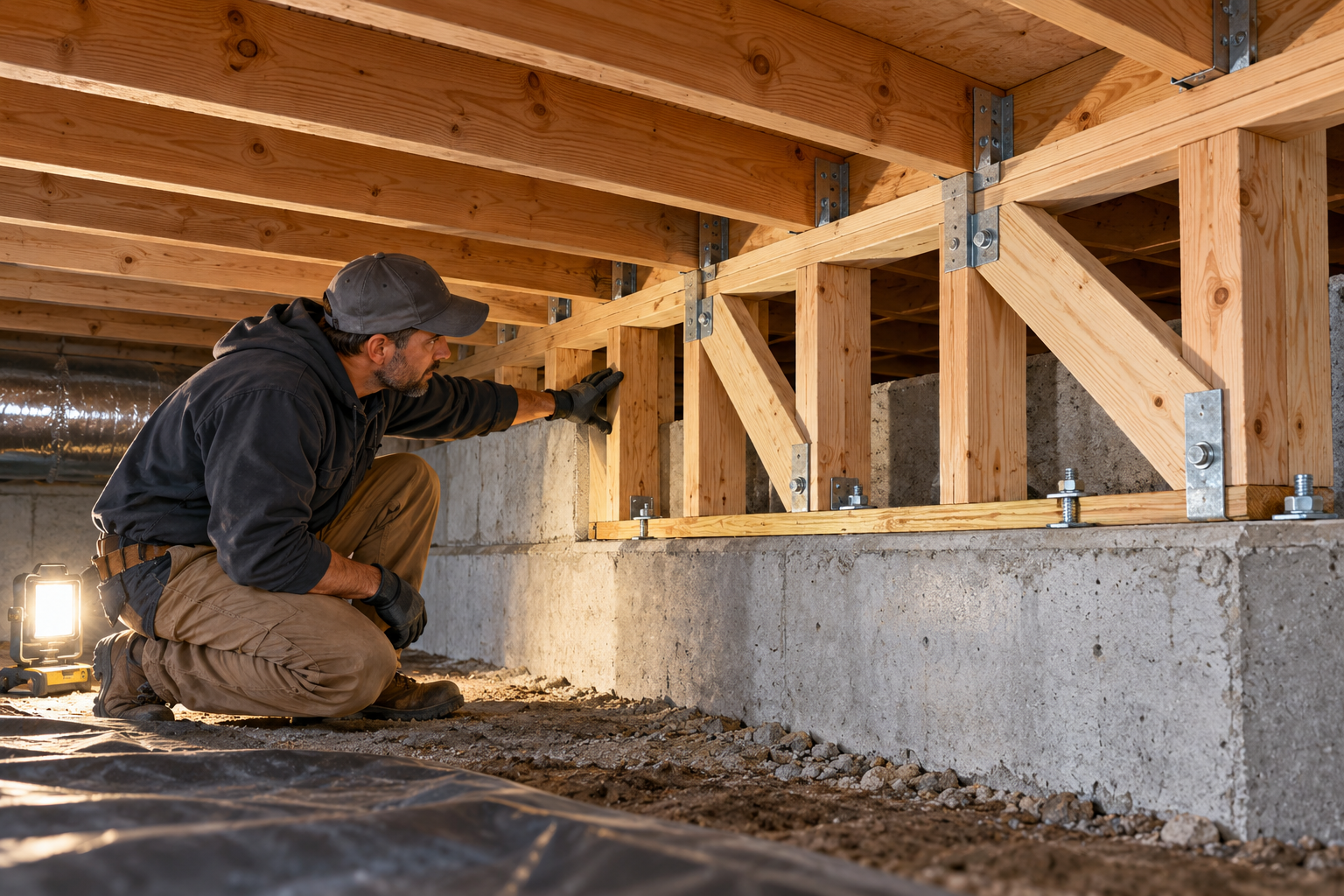A contractor inspects crawl-space bracing and sill anchorage at a raised foundation