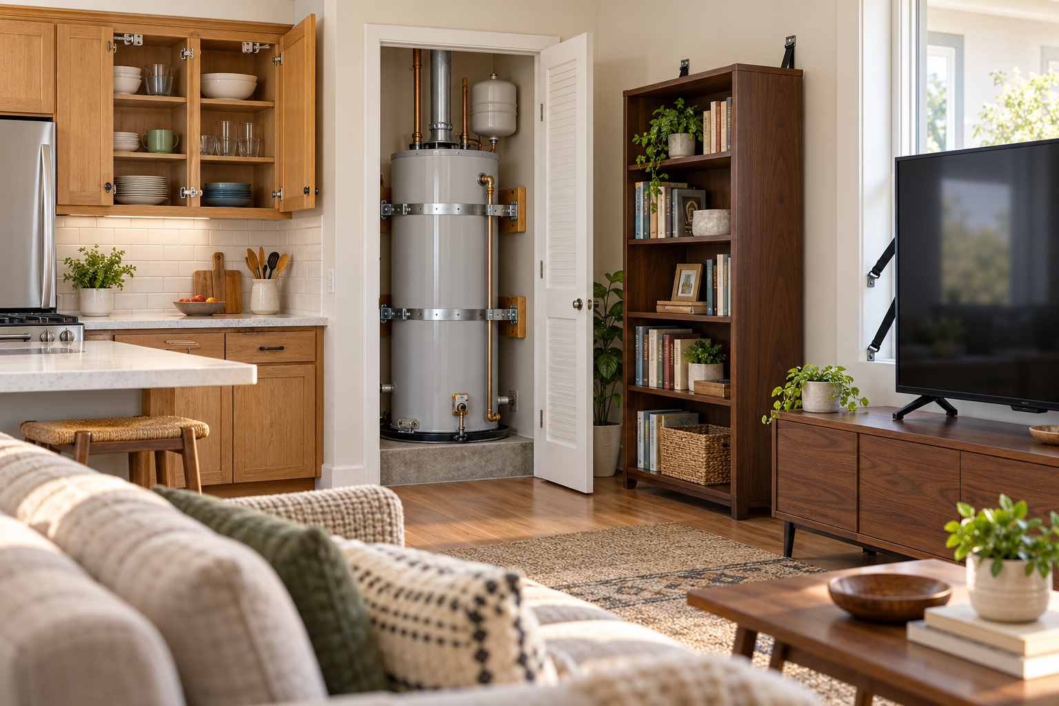 A home interior with a restrained water heater, secured bookcase, and cabinet latches