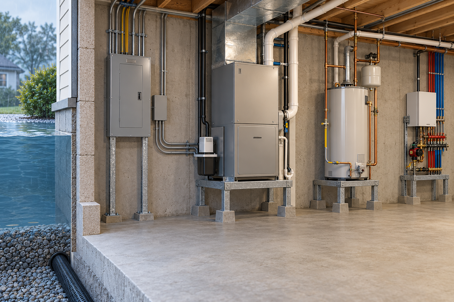 Basement mechanical and electrical equipment elevated on supports above the floor in a flood-exposed home