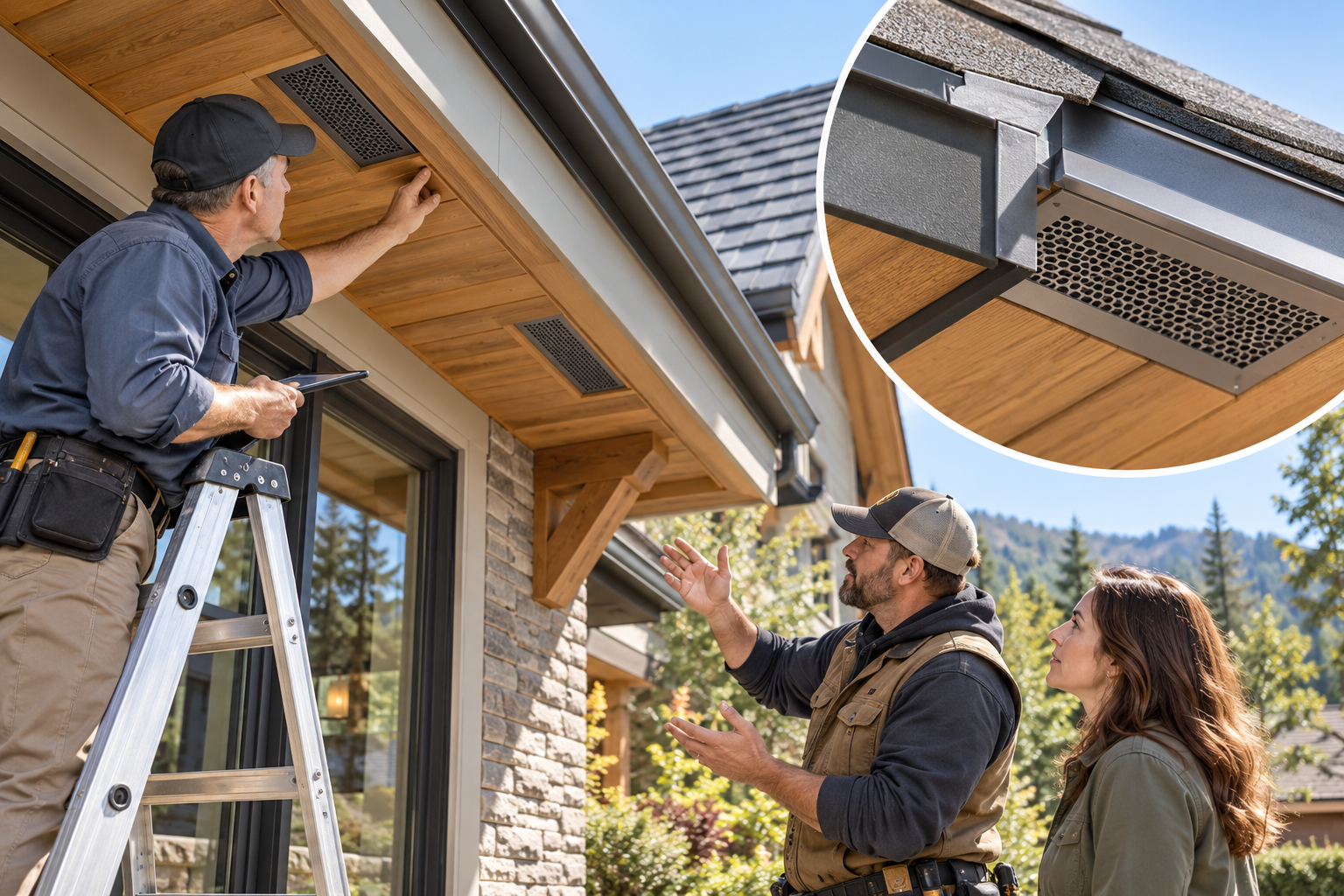 A contractor inspects a soffit vent and roof-edge assembly with the homeowner