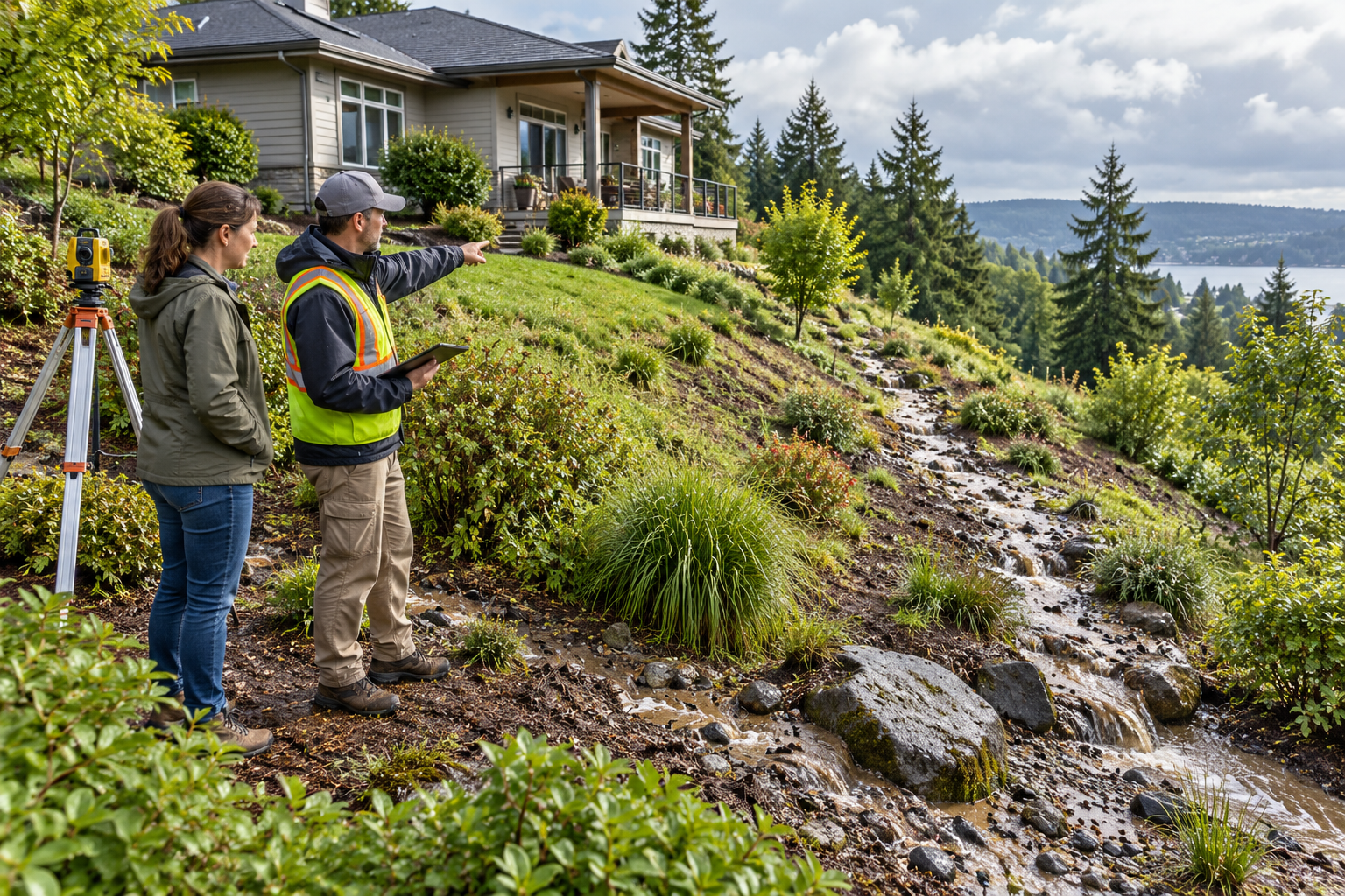 A geotechnical professional and homeowner review drainage and slope conditions beside a house