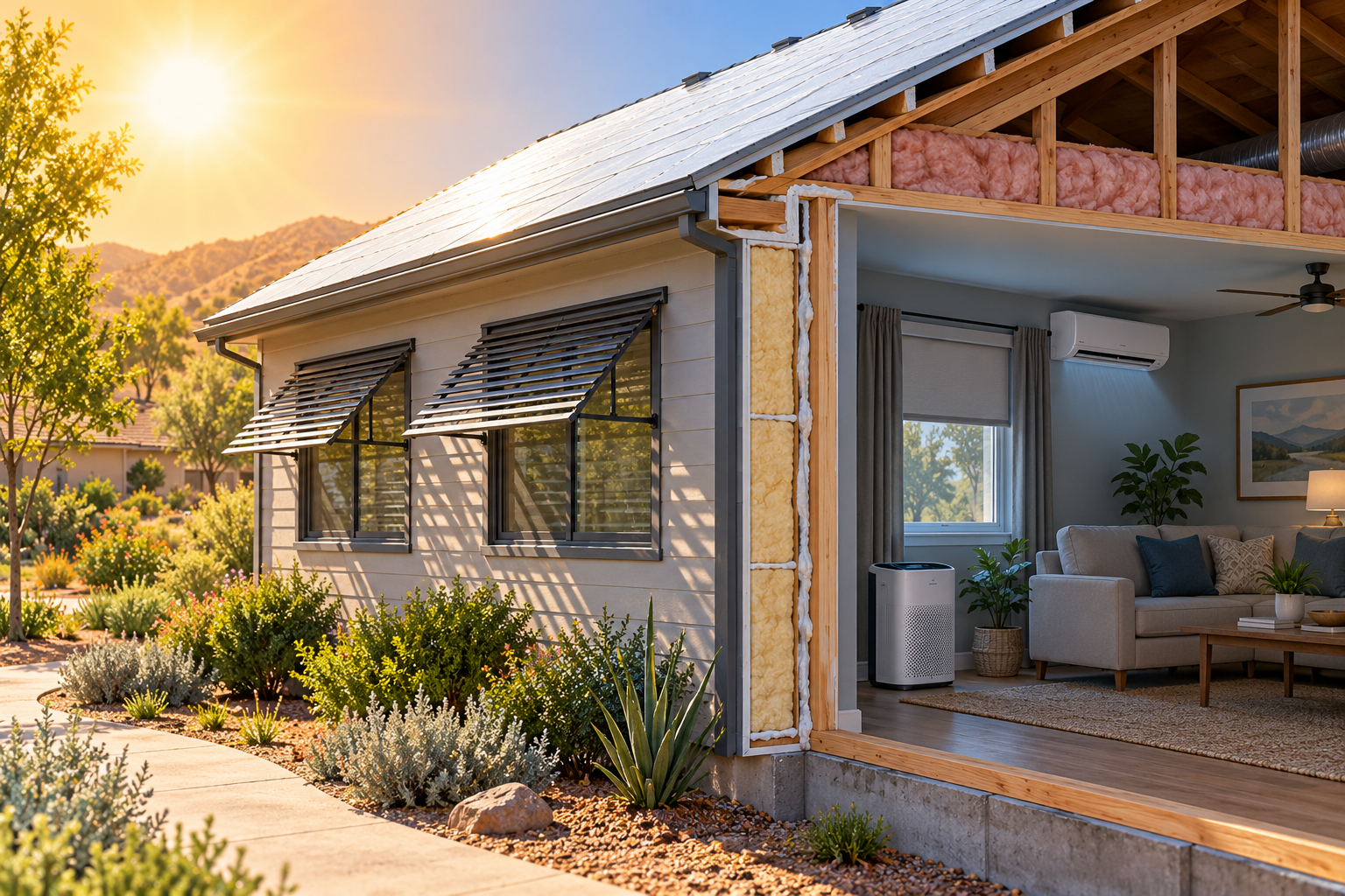 A cutaway home combines exterior shade, insulation, cooling, and room air filtration during hot weather