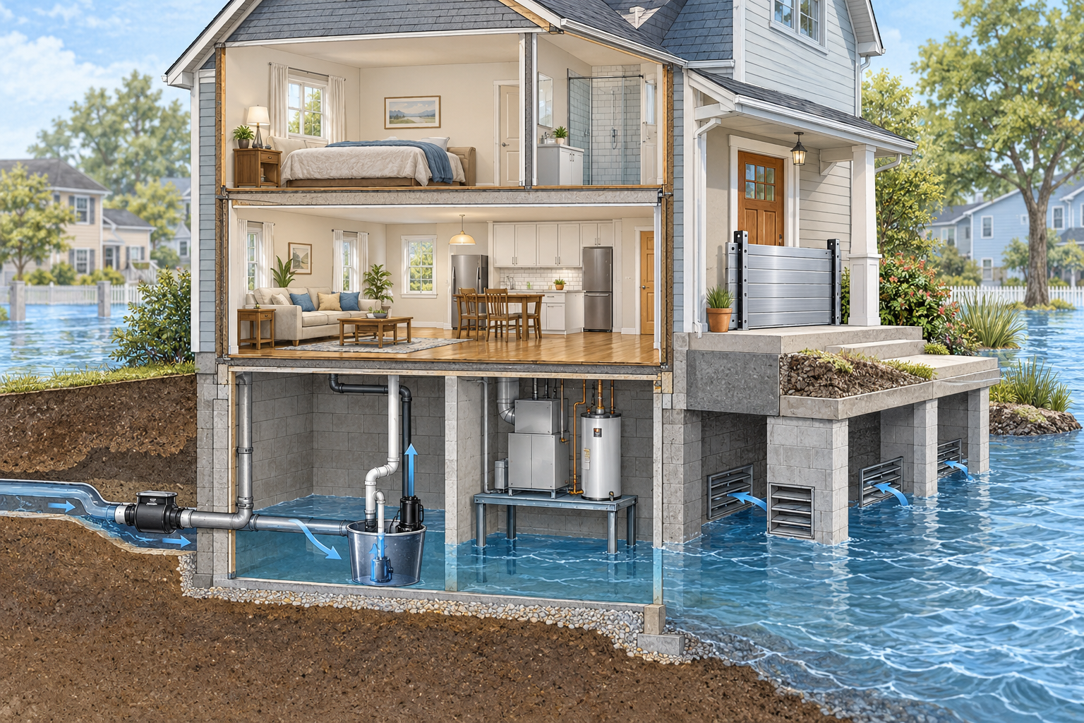 Cutaway of a home showing different flood pathways and retrofit measures for the basement, utilities, entry, and foundation