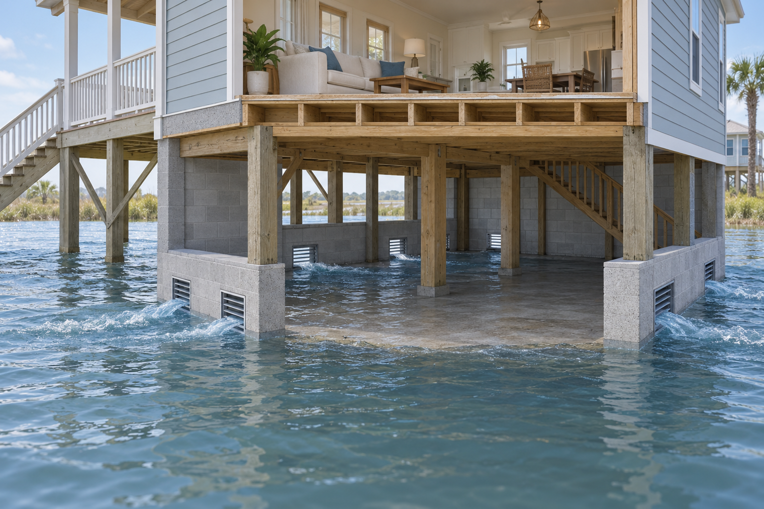 Flood openings in the foundation of an elevated home allow water to pass through a suitable enclosure