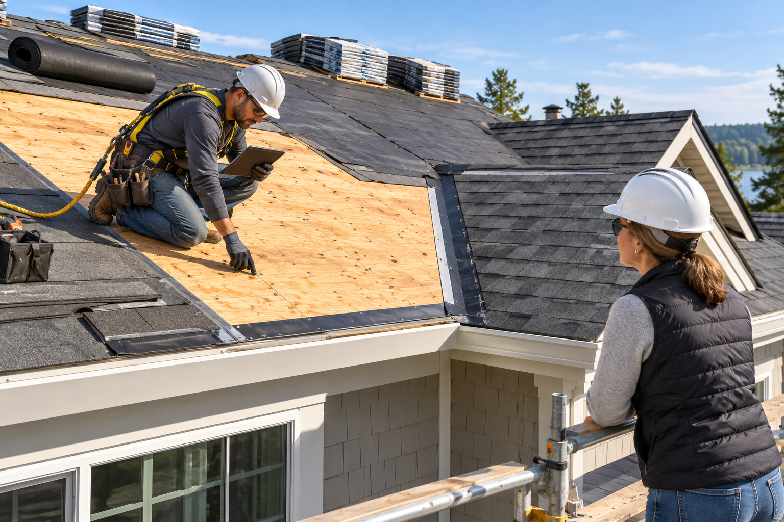 A roofer and evaluator review exposed roof decking and fastening during a resilience-focused reroof